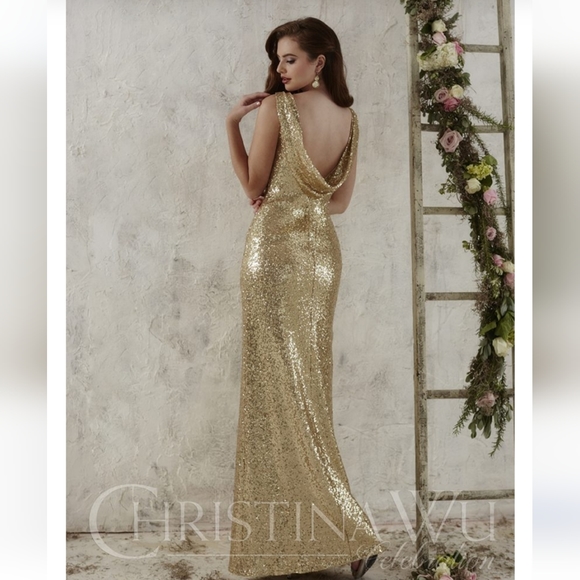 Christina Wu Size 8 Gold Sequined Dress - Style #22704 - Picture 2 of 11